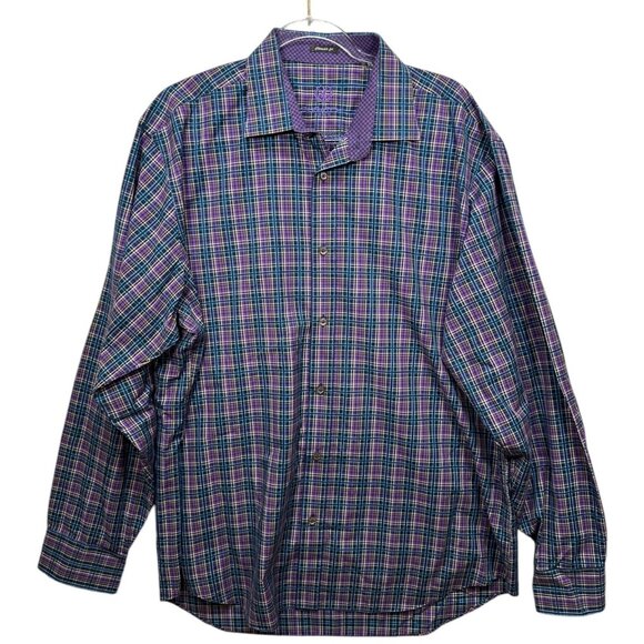 Bugatchi Uomo Mens Classic Fit Purple Plaid Long Sleeve Button-Up Shirt XL - Picture 1 of 8